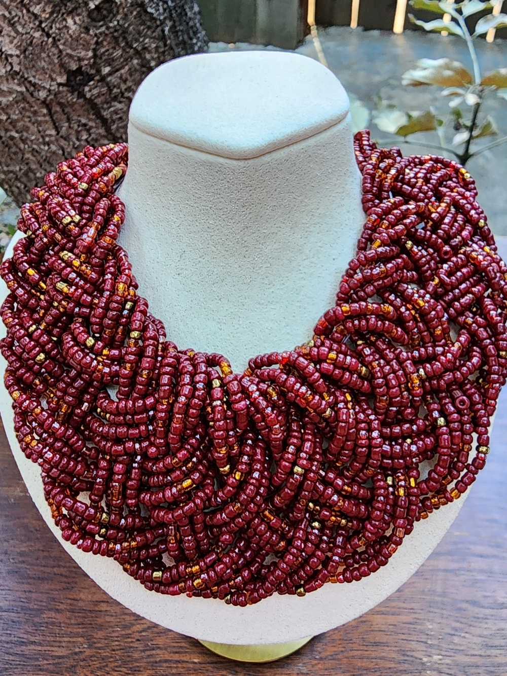 Vintage Multi Strand Braided Seed Bead Statement Bib Collar Necklace Red Gold